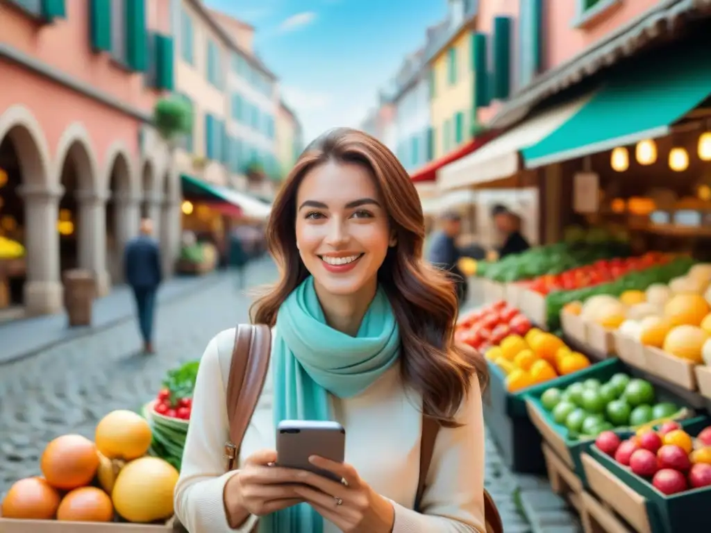 Una joven sonriente con pañuelo y mochila, lista para explorar un mercado europeo, con la palabra clave 'Aplicaciones para celíacos viajeros'