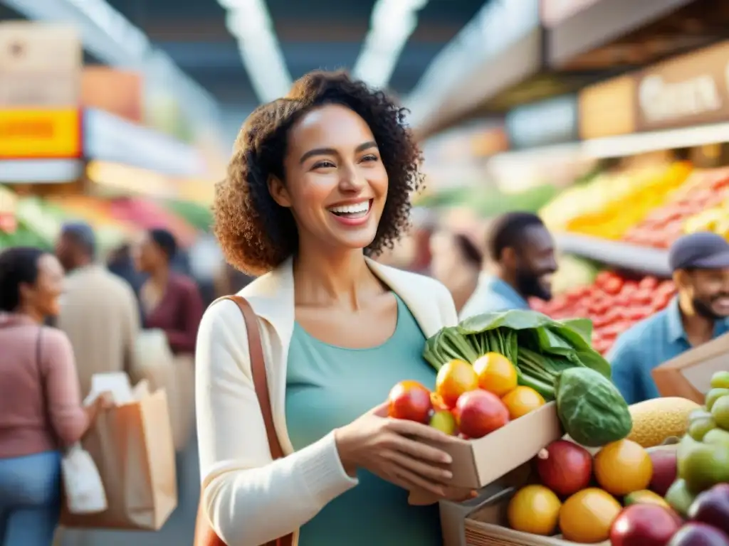 Una joven sonriente elige productos orgánicos sin gluten en un animado mercado, rodeada de amigos y familiares entusiastas