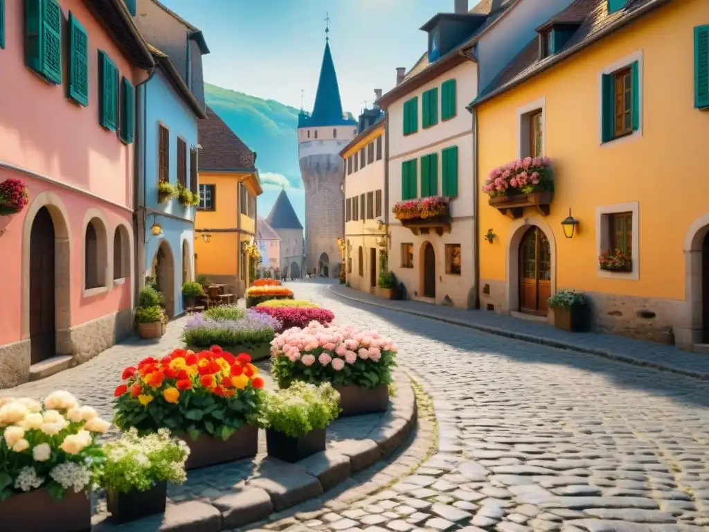 Descubre las joyas ocultas sin gluten Europa en una encantadora calle adoquinada de un pequeño pueblo europeo, llena de coloridos edificios y flores