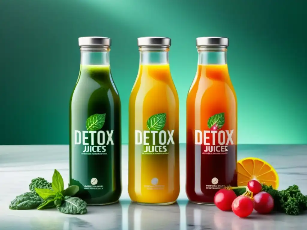 Jugos detox sin gluten en botellas elegantes con coloridas capas de frutas y verduras frescas en un elegante mostrador de mármol