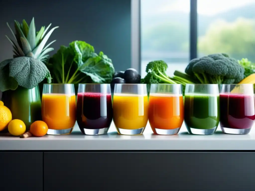 Jugos detox sin gluten en vasos transparentes con frutas y verduras frescas en cocina moderna