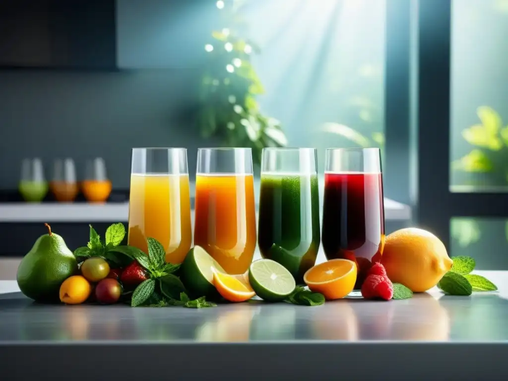 Jugos detox sin gluten en vasos altos, colores vibrantes, frutas frescas y hojas de menta