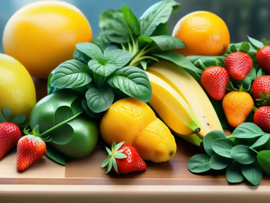 Jugos sin gluten para niños: una colorida mezcla de frutas y verduras frescas en tabla de madera, goteando agua, iluminada por el sol