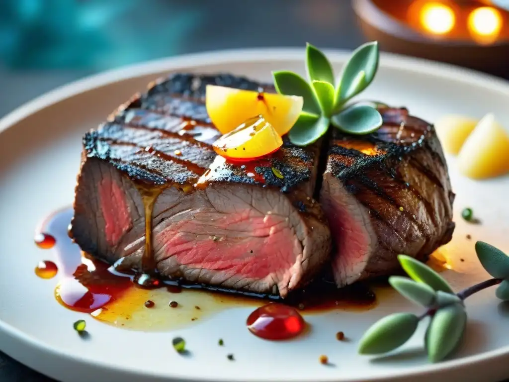 Deléitate con un jugoso filete a la parrilla cubierto de marinada sin gluten, resaltando hierbas y especias, bañado en luz solar