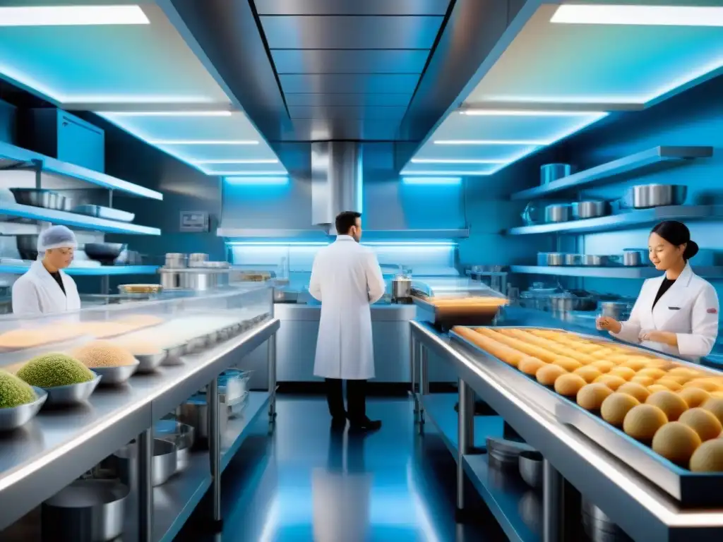 Un laboratorio alimentario futurista bullicioso, donde la tecnología crea sustitutos sin gluten con precisión e innovación