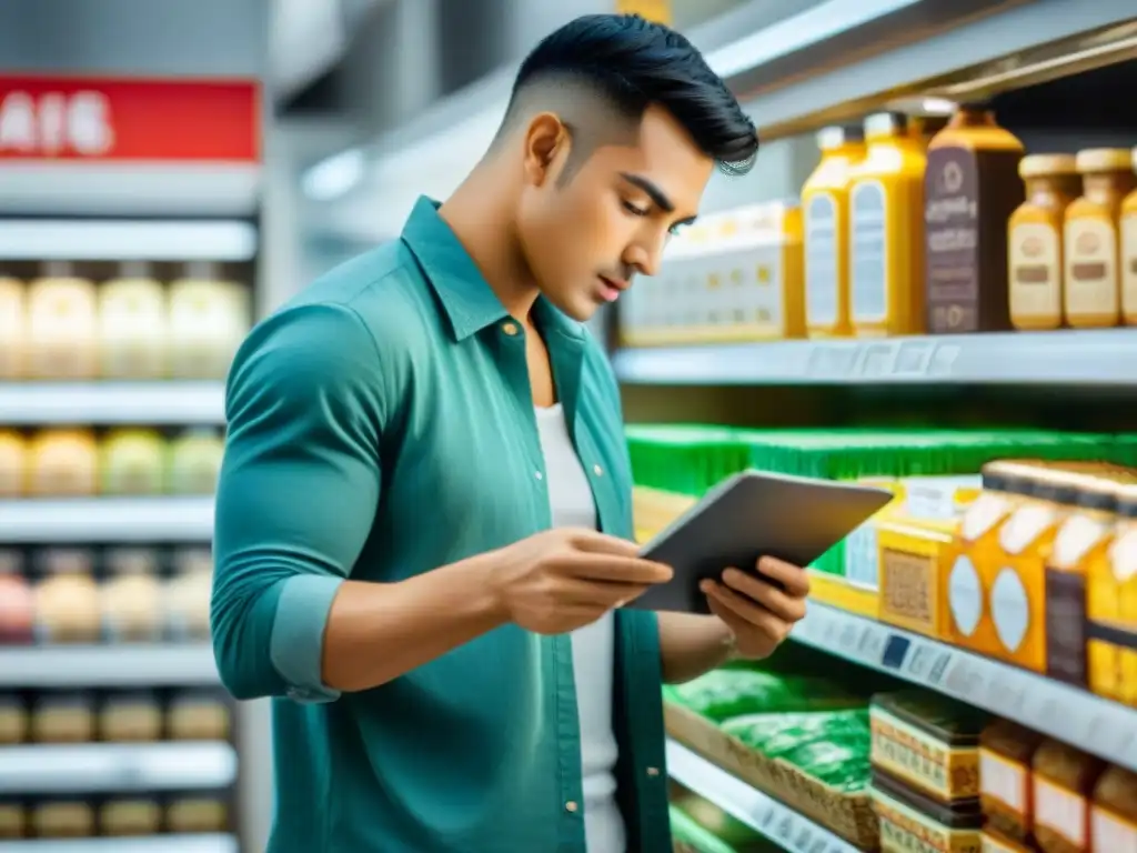 Un lector concentrado revisa la letra pequeña de un envase entre productos sin gluten bajo intensa luz natural