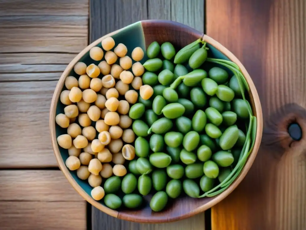 Legumbres en dieta sin gluten: Variedad de legumbres coloridas sobre mesa rústica, iluminadas por luz natural