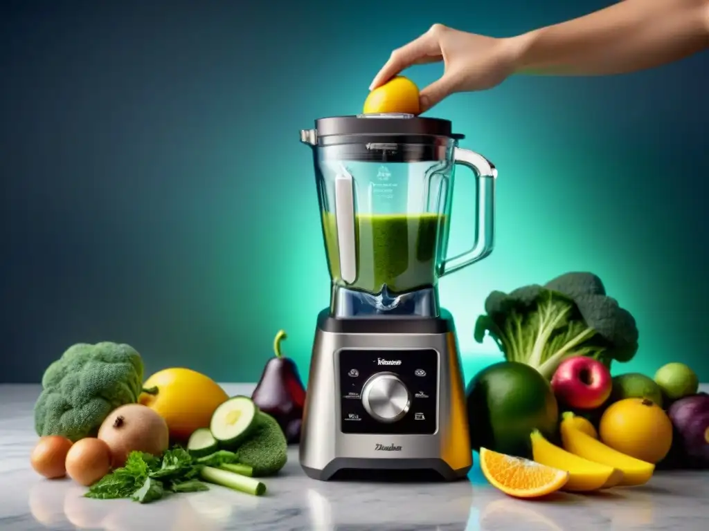 Una licuadora moderna preparando un smoothie verde con frutas y verduras frescas, ideal para smoothies sin gluten