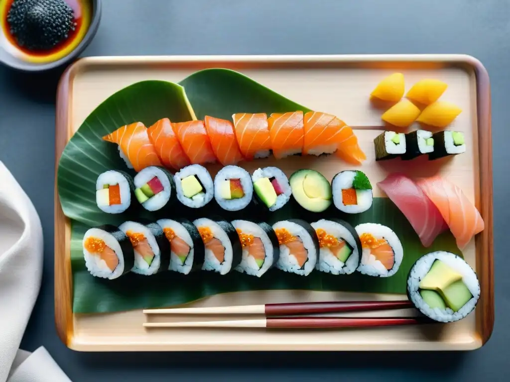 Un llamativo sushi sin gluten con recetas innovadoras, presentado con elegancia en una tabla de madera tradicional