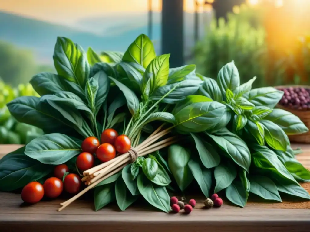 Un jardín hogareño lleno de especias sin gluten como albahaca, romero, tomillo y orégano, iluminado por el sol