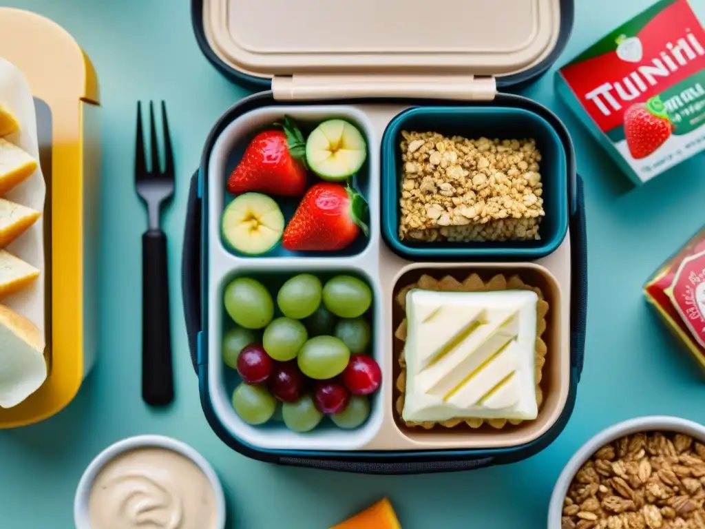 Una lonchera escolar saludable sin gluten, llena de snacks vibrantes y coloridos para niños