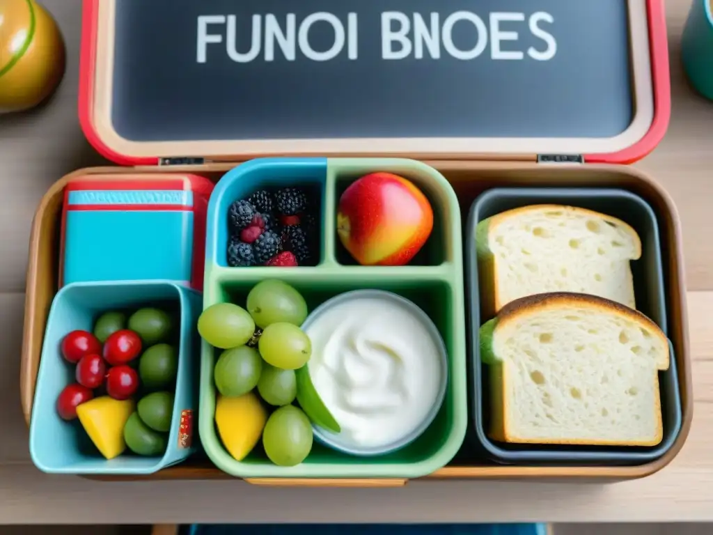 Loncheras escolares sin gluten: variedad de alimentos frescos y saludables en cajas con stickers educativos en aula