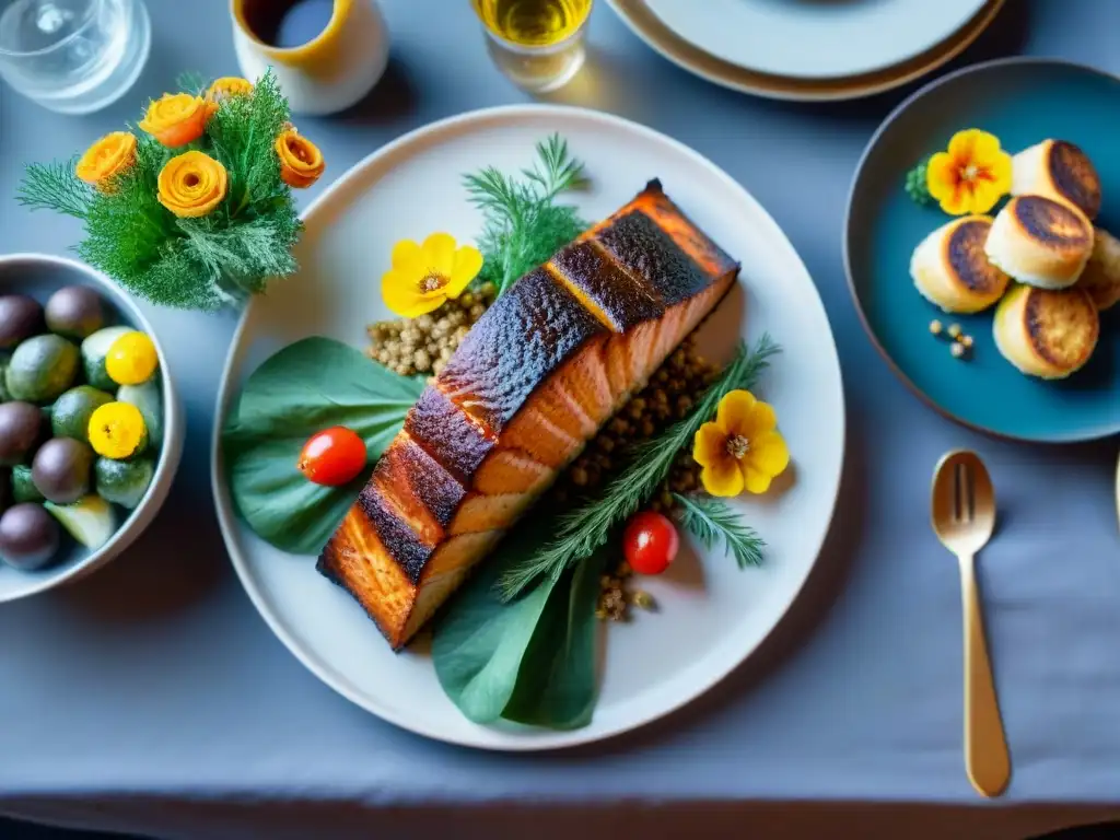 Una lujosa cena de empresa sin gluten con deliciosos platillos y elegante decoración