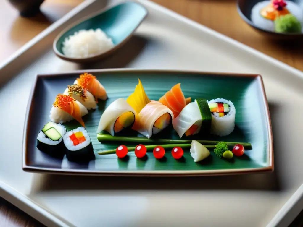 Una lujosa presentación de cocina fusión asiática sin gluten con sushi, dumplings y verduras salteadas en plato moderno