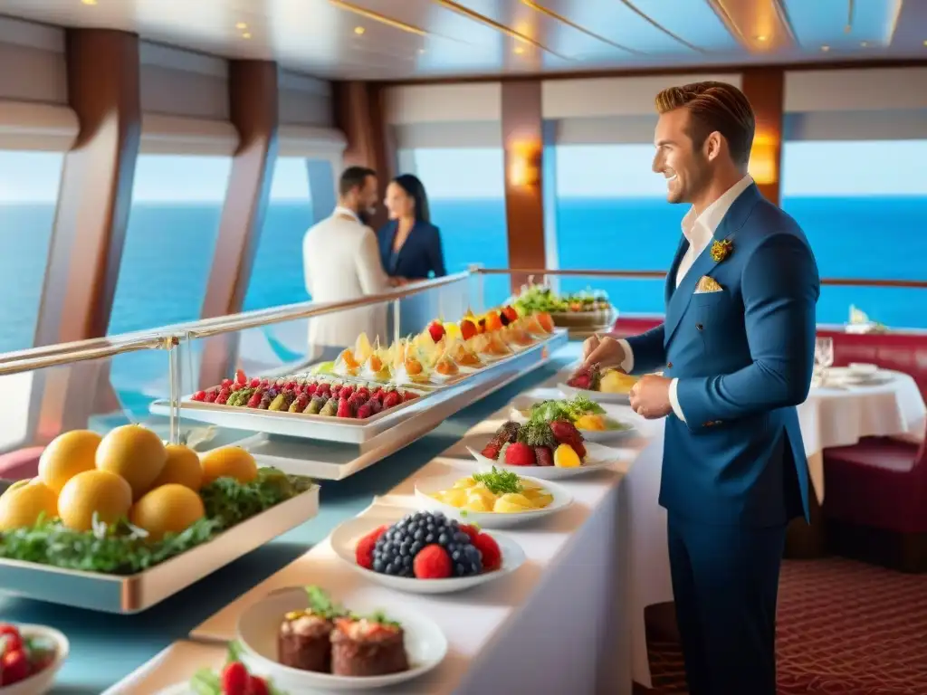 Un lujoso buffet en un crucero con opciones sin gluten, ambiente sofisticado y acogedor