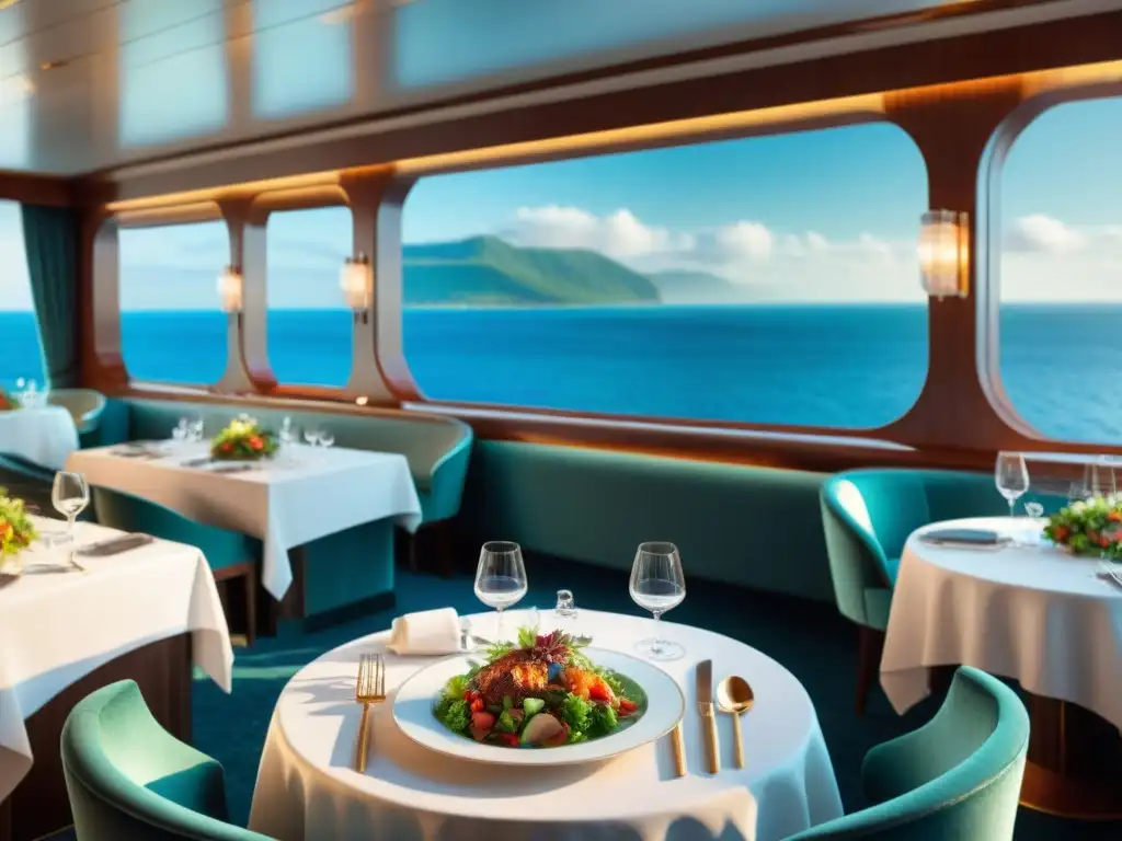 Un lujoso comedor de crucero con menú sin gluten, platos exquisitos y vista al mar