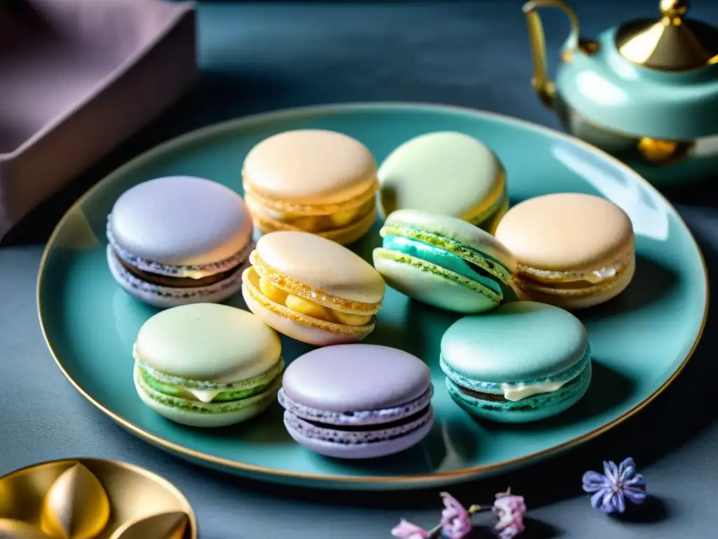 Macarons franceses sin gluten deliciosos: una selección colorida y perfectamente horneada en un plato elegante, evocando lujo y deleite