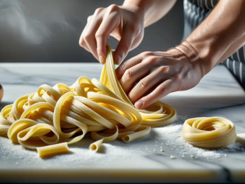 Maestría en la cocina: Chef moldeando pasta sin gluten textura perfecta en elegante encimera de mármol