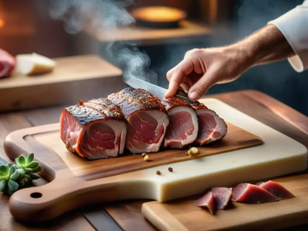 Un maestro carnicero corta expertamente carne sin gluten en una tablilla de madera, mostrando técnicas detalladas