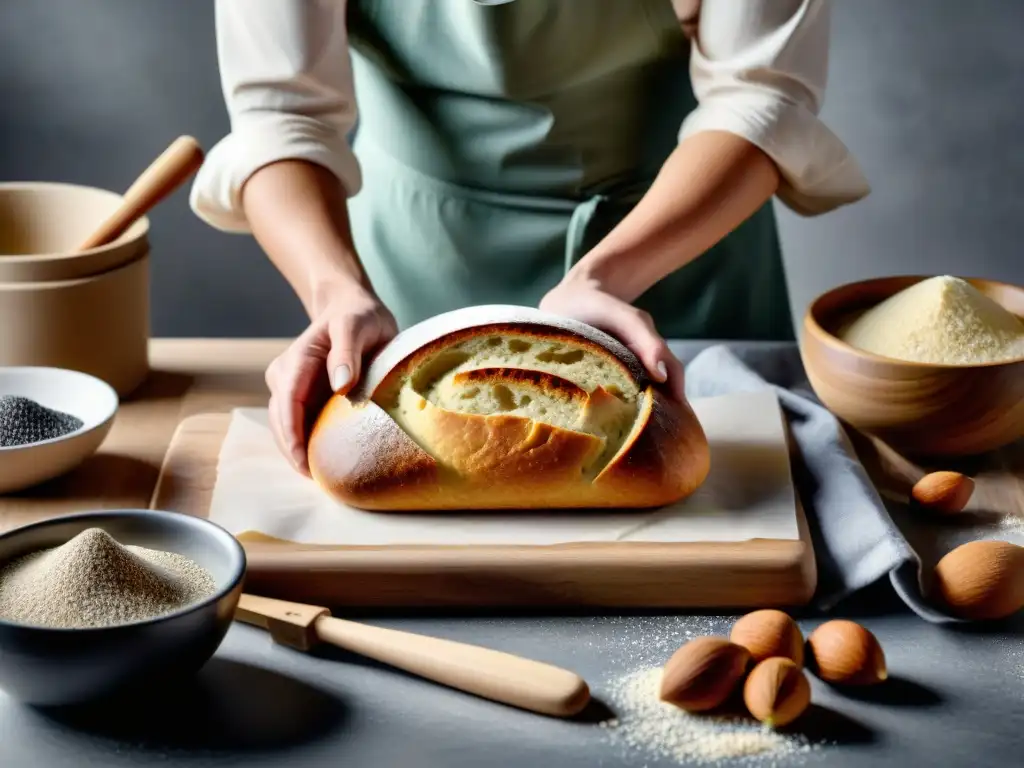 Un maestro panadero crea con destreza un pan sin gluten, rodeado de ingredientes innovadores en una panadería moderna