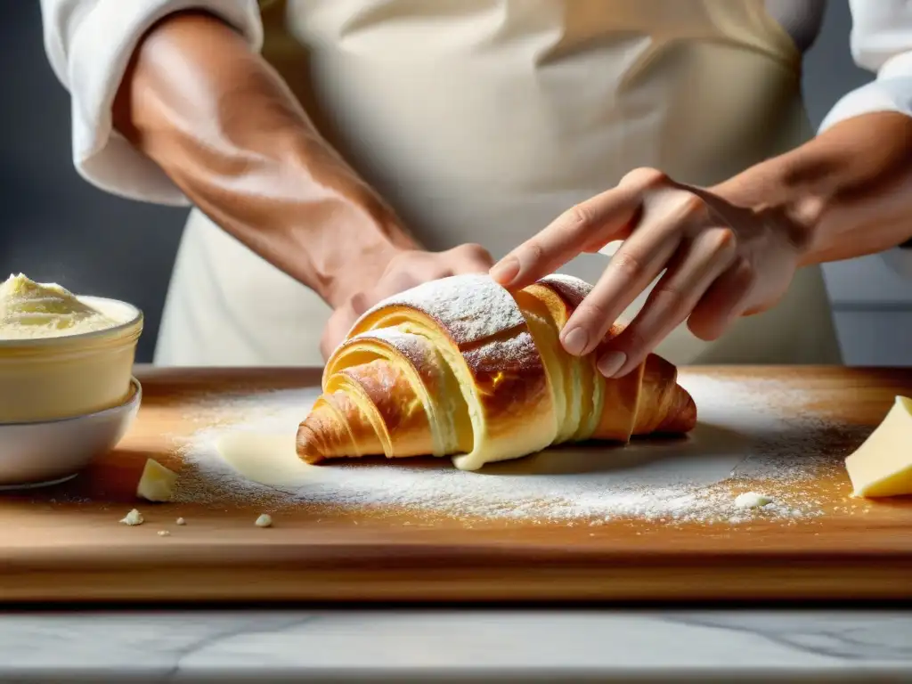 Un maestro panadero elabora con esmero la masa de croissants sin gluten en una escena detallada y artesanal