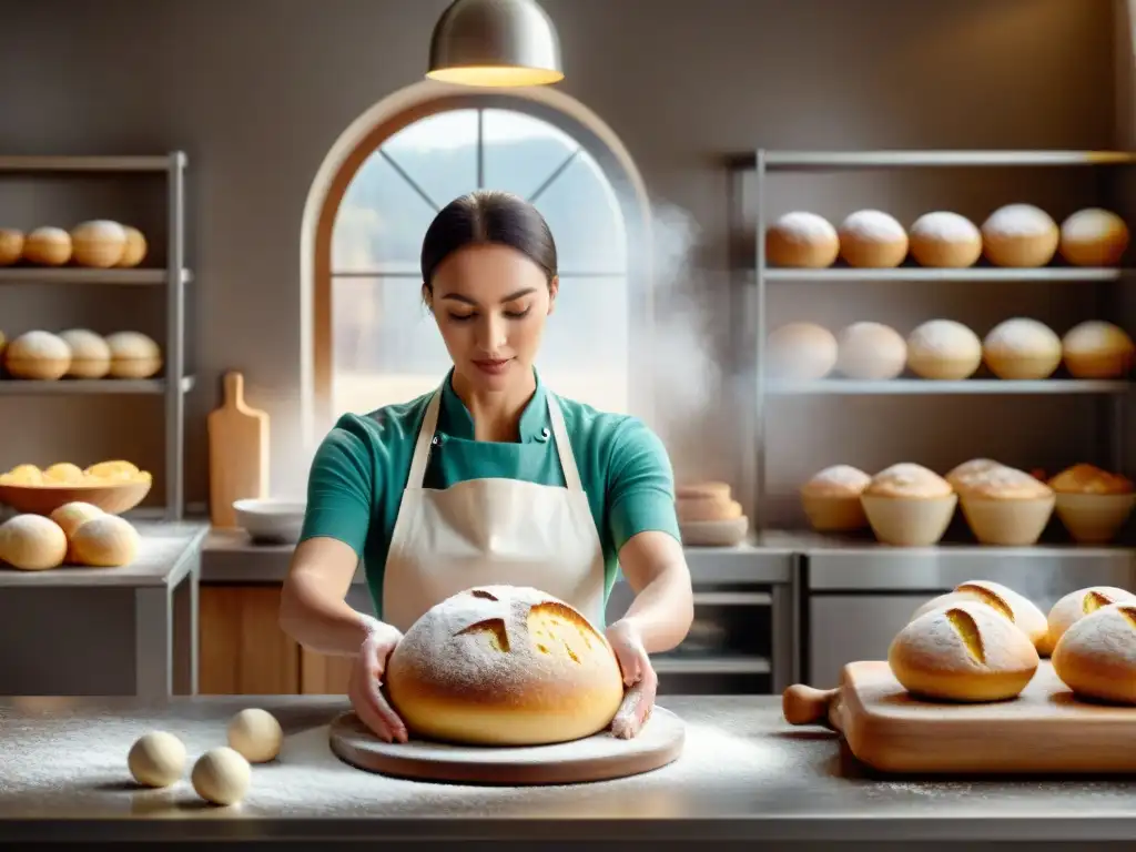 Un maestro panadero sin gluten avanzado creando una masa perfecta en una cocina moderna y impecable