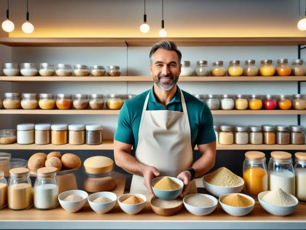 Un maestro panadero midiendo harinas sin gluten para panadería en un entorno moderno y luminoso, reflejando precisión y creatividad