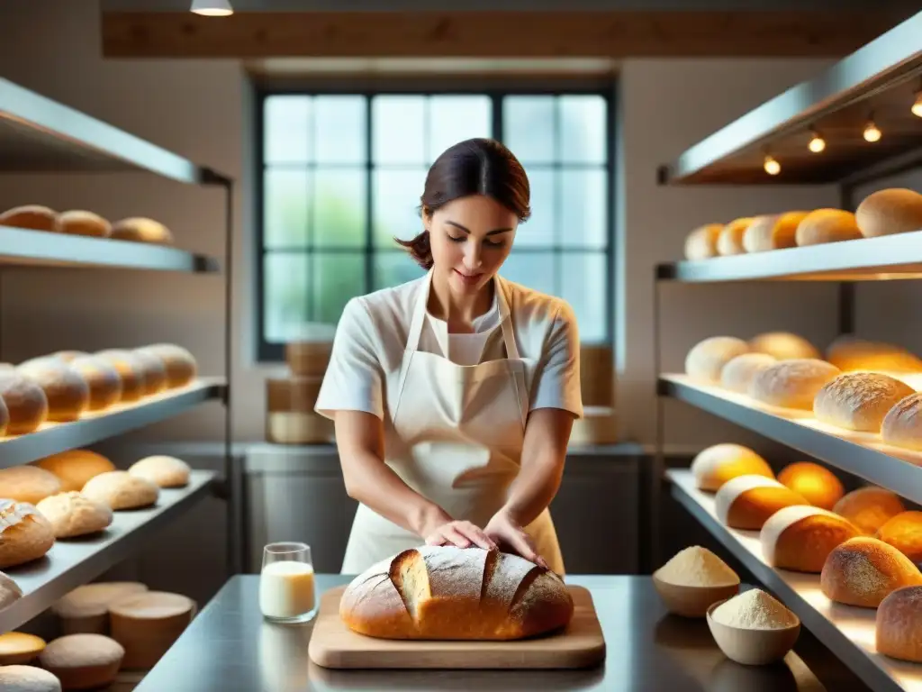 Un maestro panadero en una panadería sin gluten avanzada, moldeando con destreza un hermoso pan artesanal sin gluten