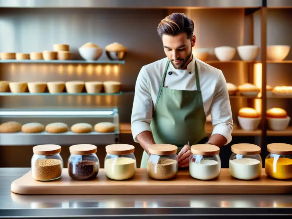 Un maestro panadero en una panadería moderna, midiendo harinas sin gluten en envases de vidrio, con luz natural creando un ambiente cálido