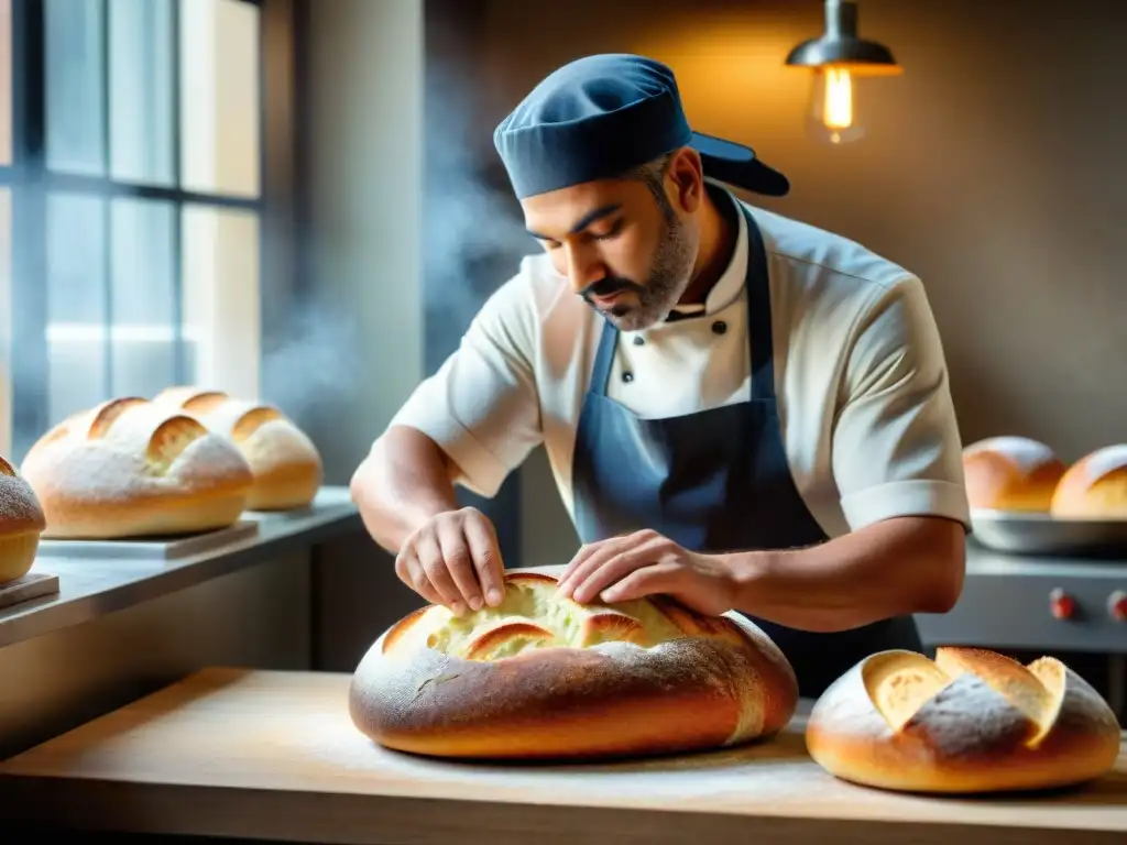 El maestro panadero moldea con precisión un pan sin gluten, revelando los secretos de la fermentación en una panadería de alta gama