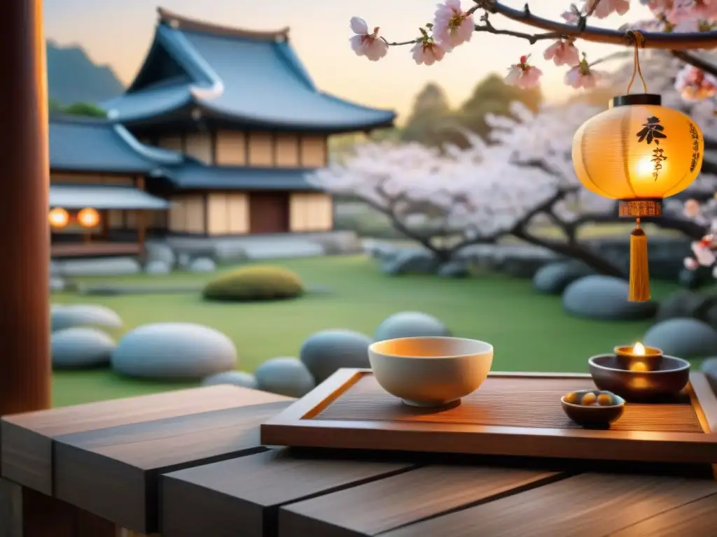 Un maestro sake vertiendo sake sin gluten en tazas delicadas en un jardín japonés, durante una ceremonia de té