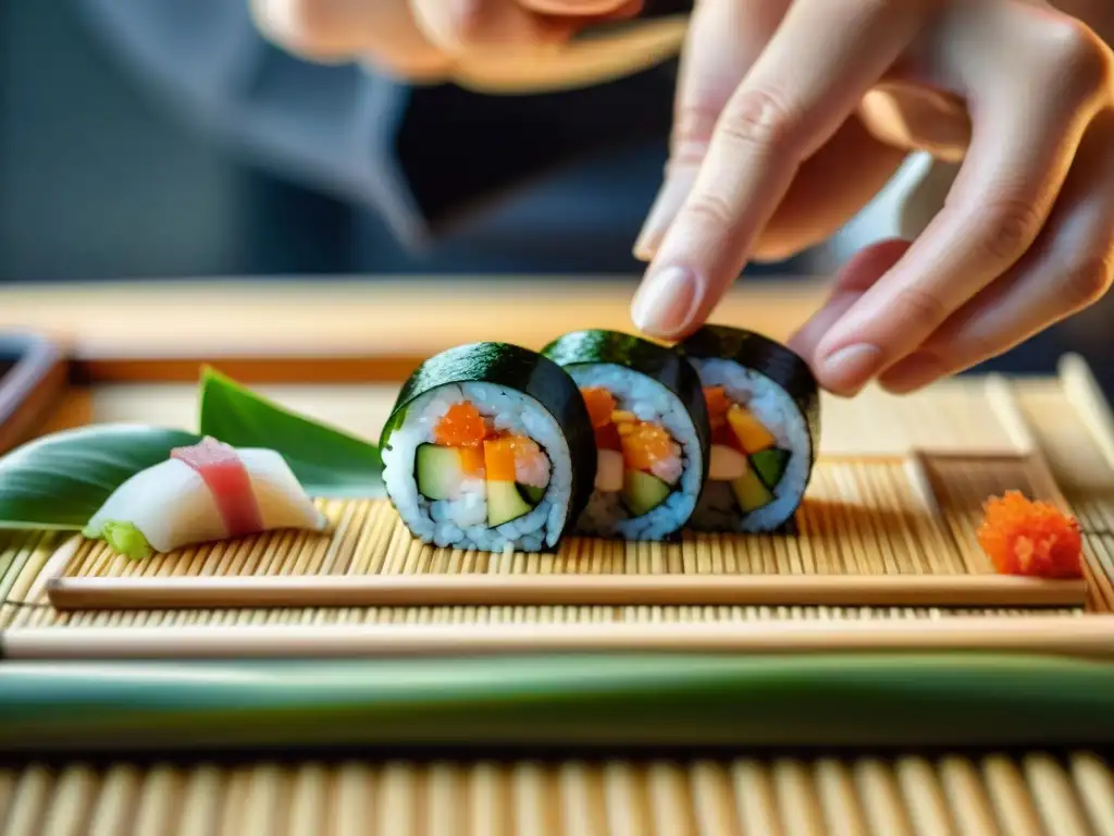 Un maestro sushi experto en la preparación de sushi sin gluten, mostrando arte y técnica