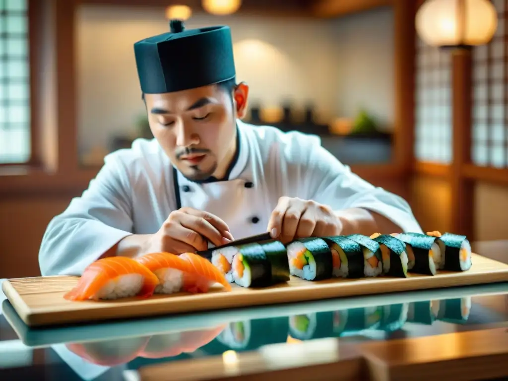 Un maestro sushi japonés cortando pescado fresco para crear recetas sin gluten sushi en Japón