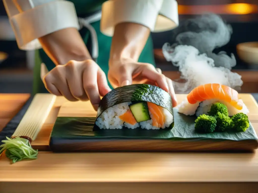 Un maestro sushi japonés preparando rollitos con precisión