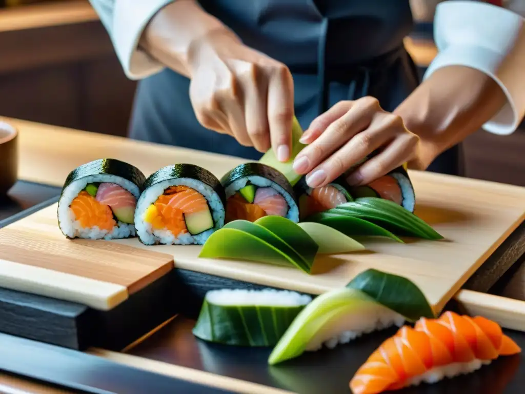 Un maestro sushi japonés preparando rolls sin gluten con destreza en cocina minimalista