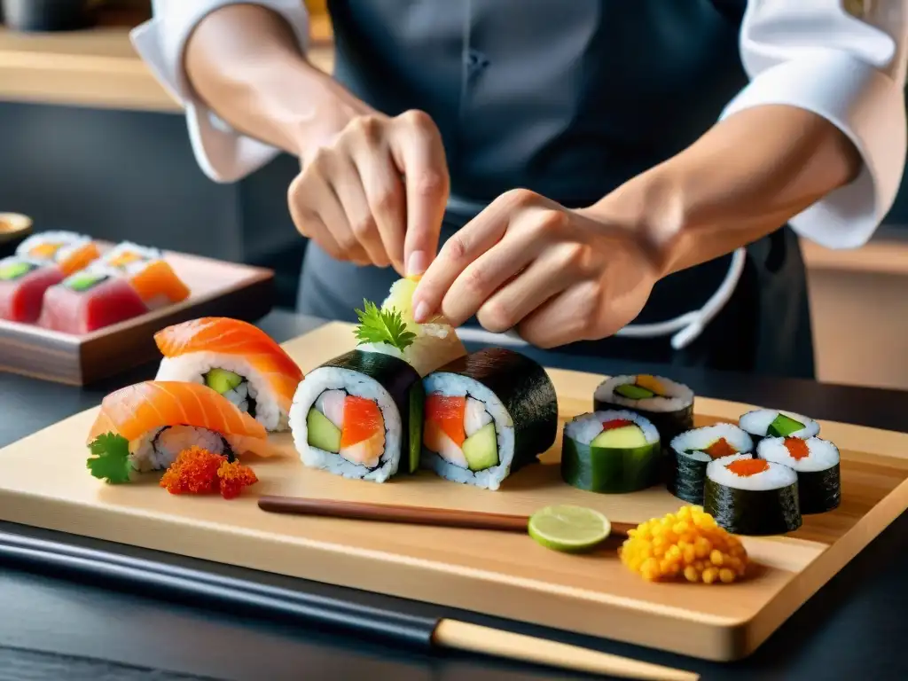 Un maestro sushi japonés crea sushi auténtico sin gluten en un bar tradicional de Japón