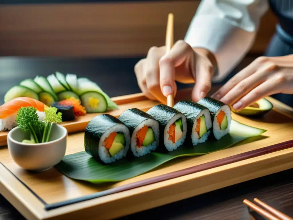 Un maestro sushi crea un rollo sin gluten con ingredientes frescos