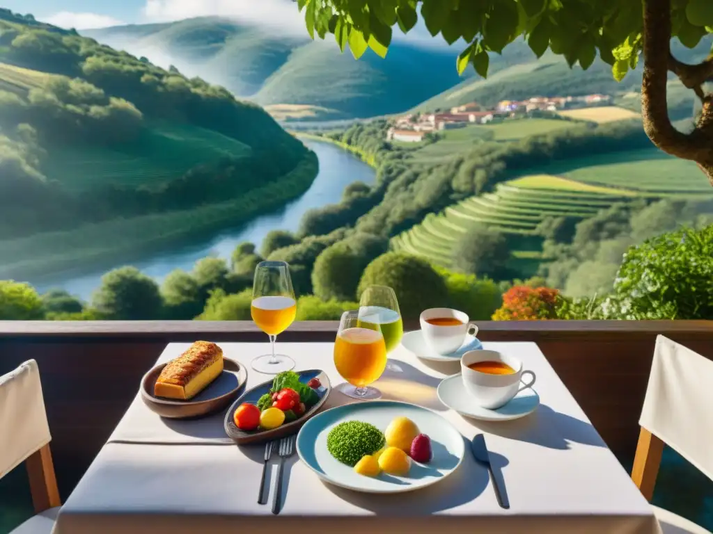 Un rincón mágico en Ourense con delicias sin gluten en una terraza con vistas a un valle exuberante y un río sereno