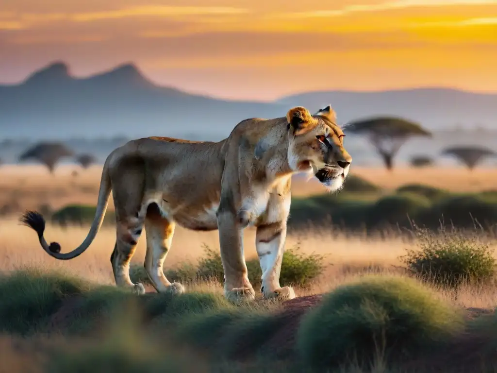 Una majestuosa leona en la sabana africana al atardecer, exudando poder y gracia