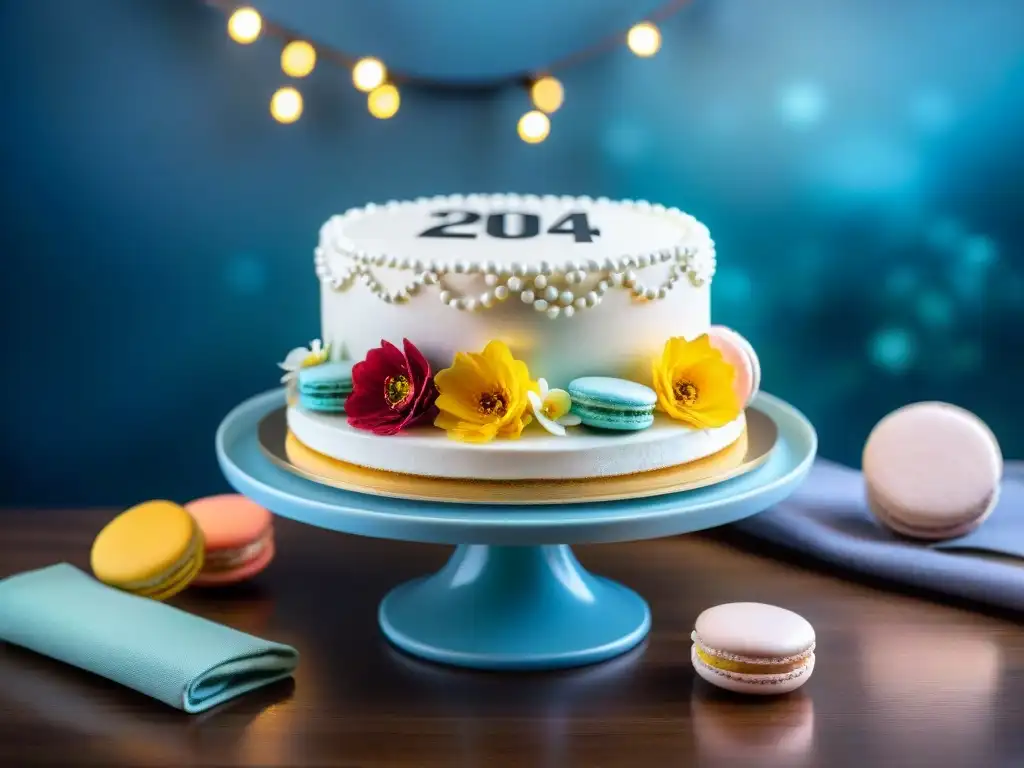 Un majestuoso pastel de graduación sin gluten, decorado con detalle y rodeado de macarons y frutas frescas en un ambiente festivo