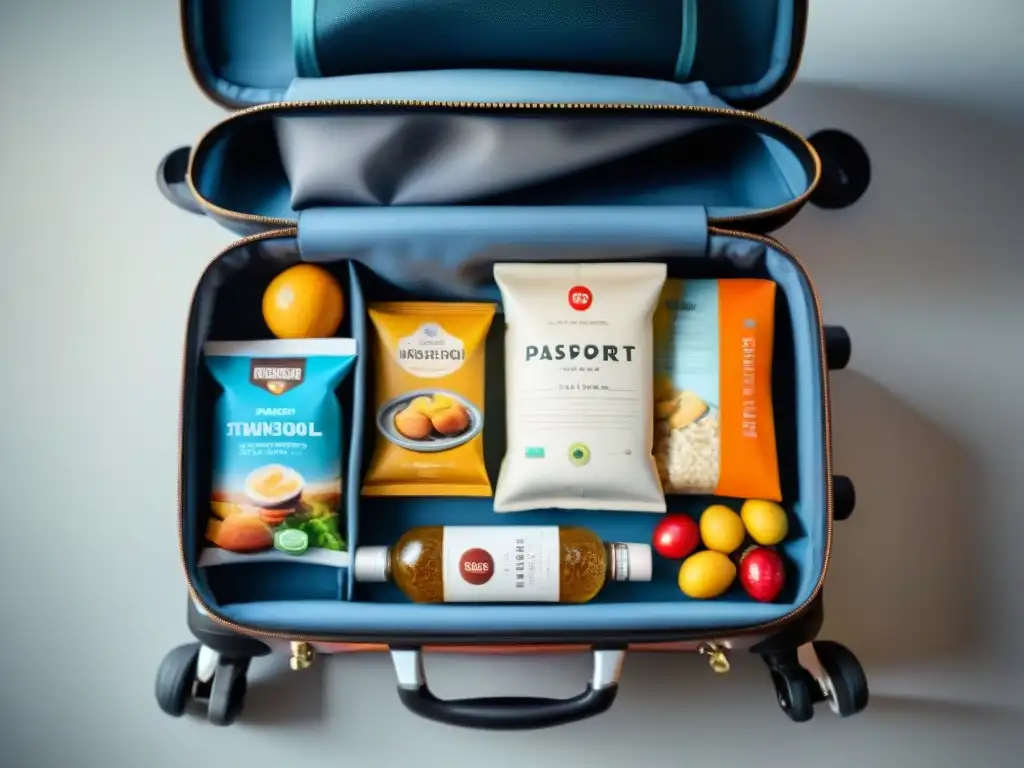 Una maleta organizada con snacks sin gluten, guías de viaje, pasaporte y mapa, lista para tu aventura