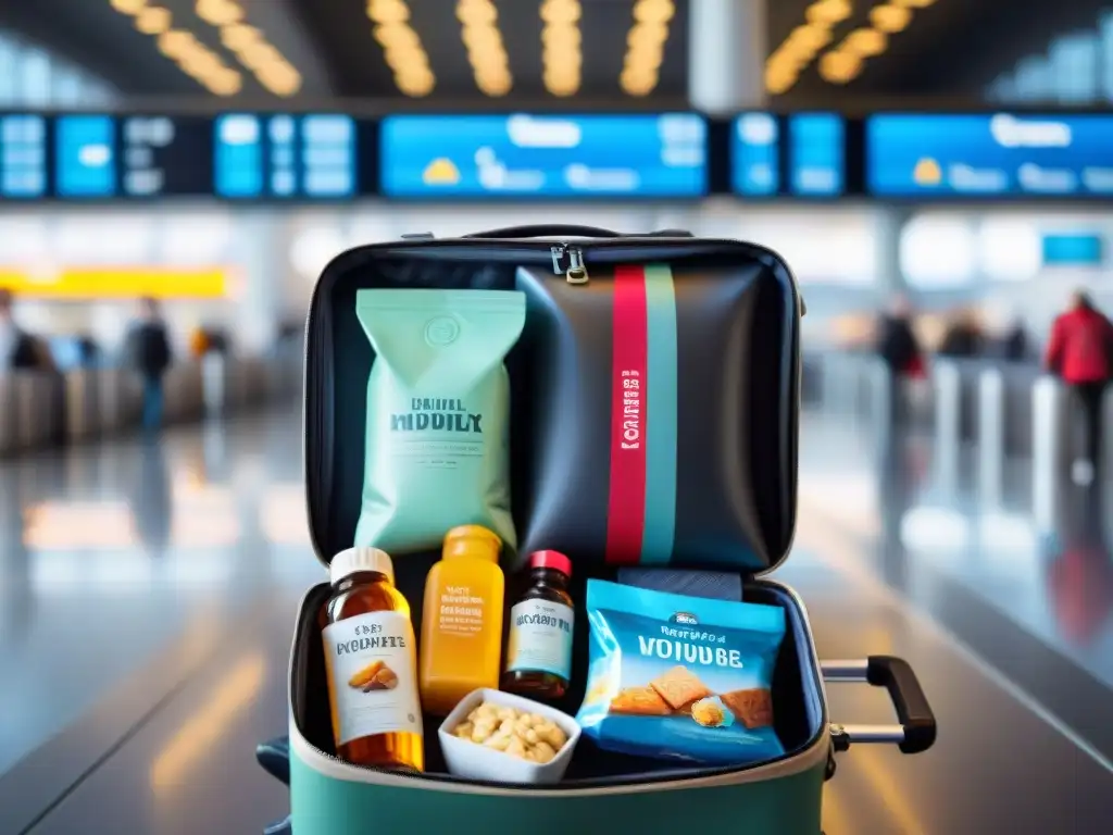 Maleta con snacks sin gluten y consejos viaje, listos para la aventura en aeropuerto