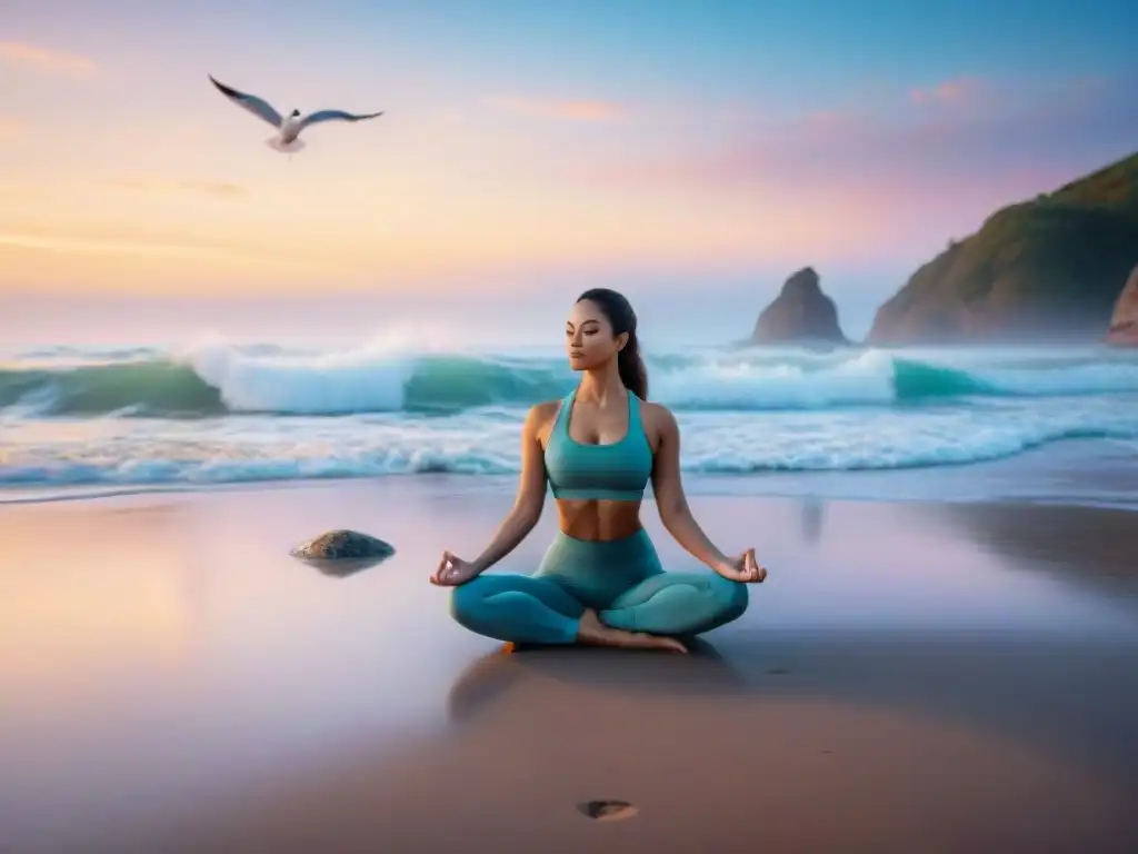 Mañana tranquila en la playa mientras se practica yoga al amanecer