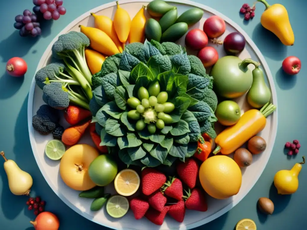 Un mandala de alimentos sin gluten con probióticos: frutas y verduras coloridas y detalladas, que evocan vitalidad y frescura