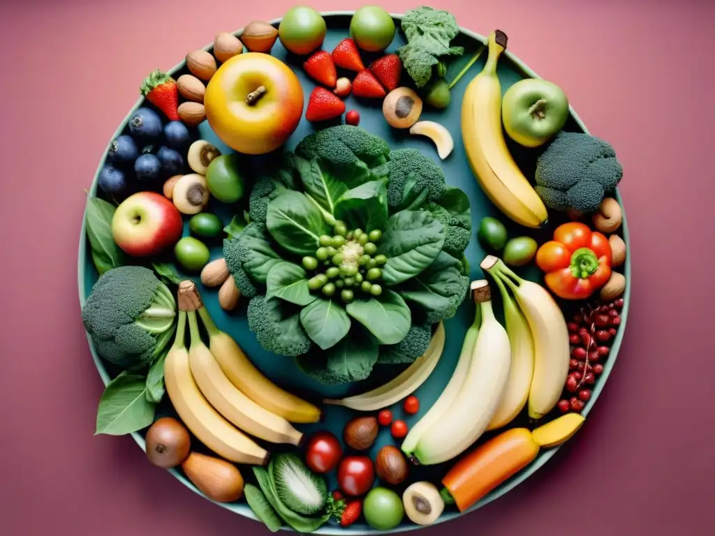 Un mandala de frutas y verduras coloridas, resaltando los beneficios prebióticos y probióticos en una dieta sin gluten