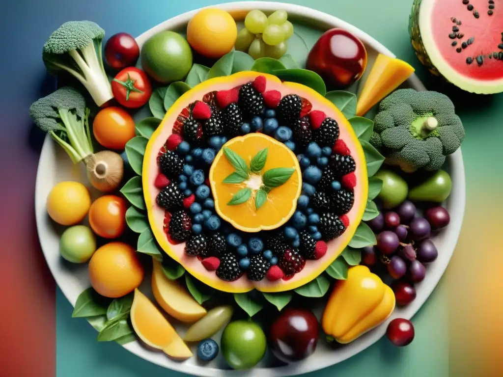 Un mandala de frutas y verduras coloridas y detalladas, mostrando la diversidad de ingredientes sin gluten para alergias