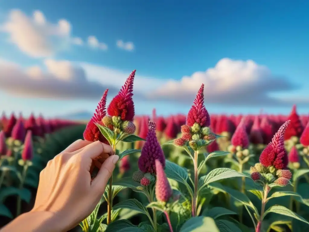 Mano acariciando amaranto en campo soleado, reflejando beneficios amaranto sin gluten