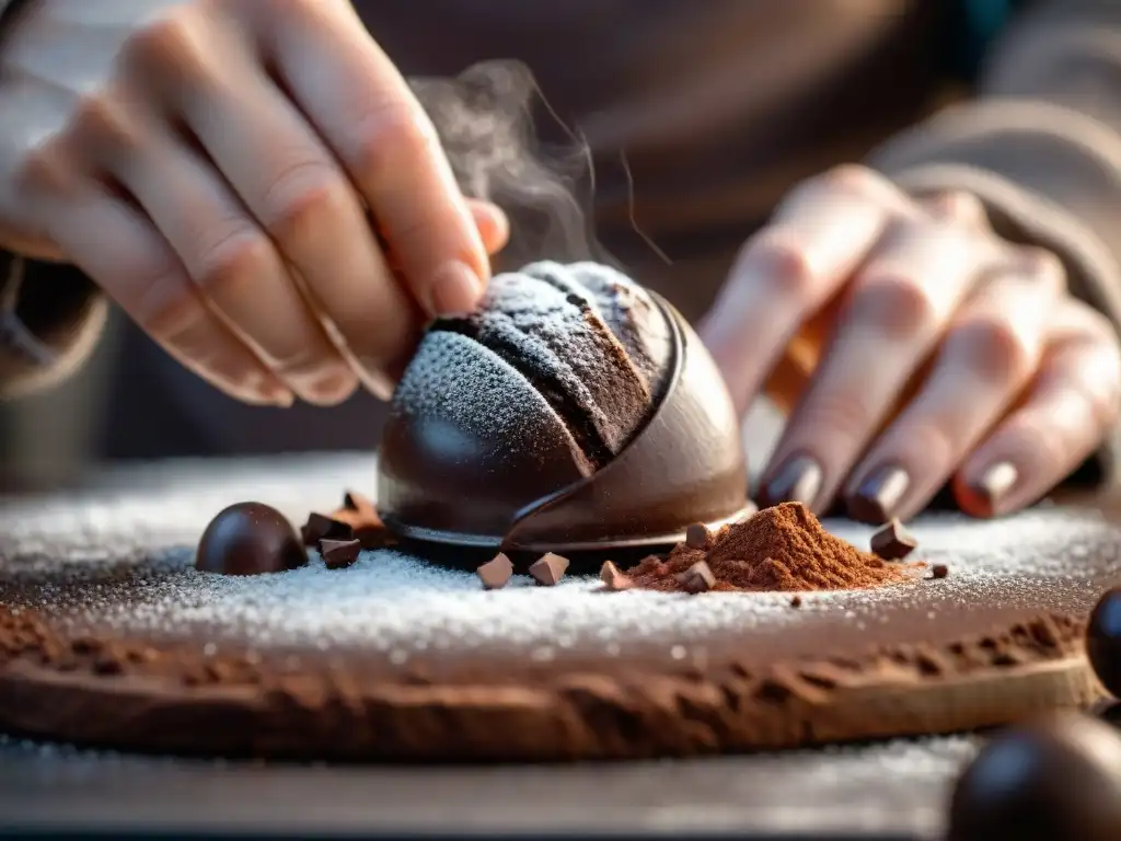 Mano enrollando trufa de chocolate en cacao, detalle y texturas