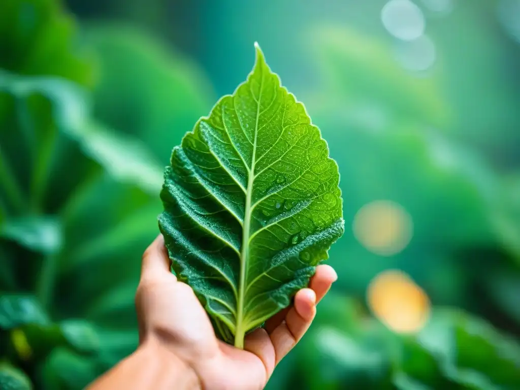 Mano sostiene vegetal verde con gotas de agua, destacando frescura y beneficios