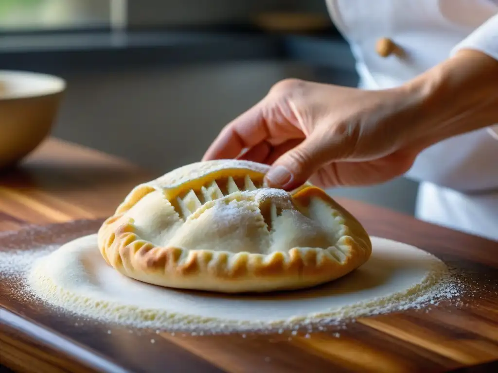 Las manos del chef cuidadosamente doblan una masa sin gluten en la encimera de madera, resaltando la textura y elasticidad